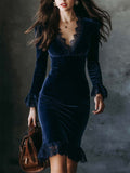 Vintage Lace Trim Polyester Velvet Mini Dress