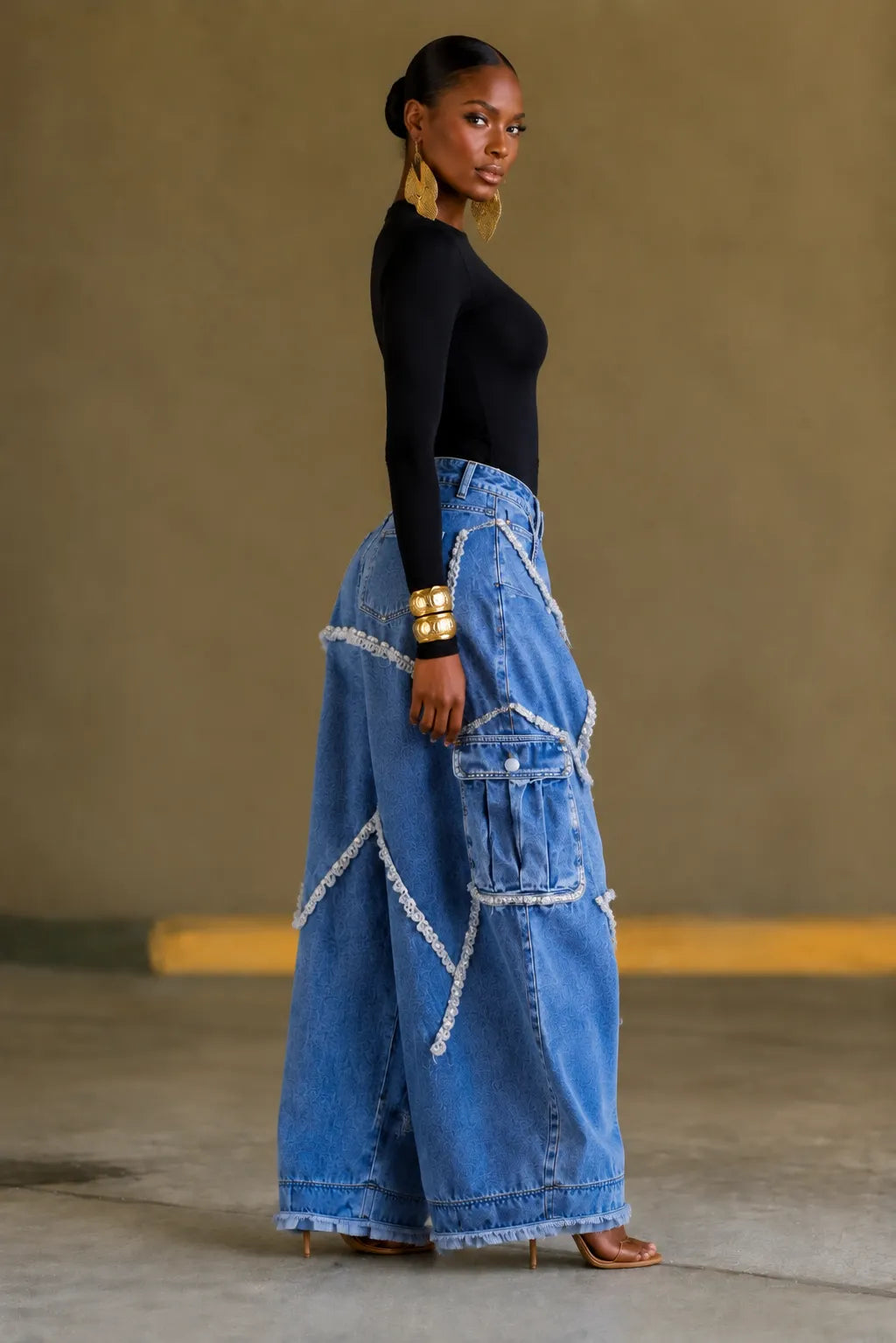 Fringe Rhinestone Star Cargo Wide Leg Jeans