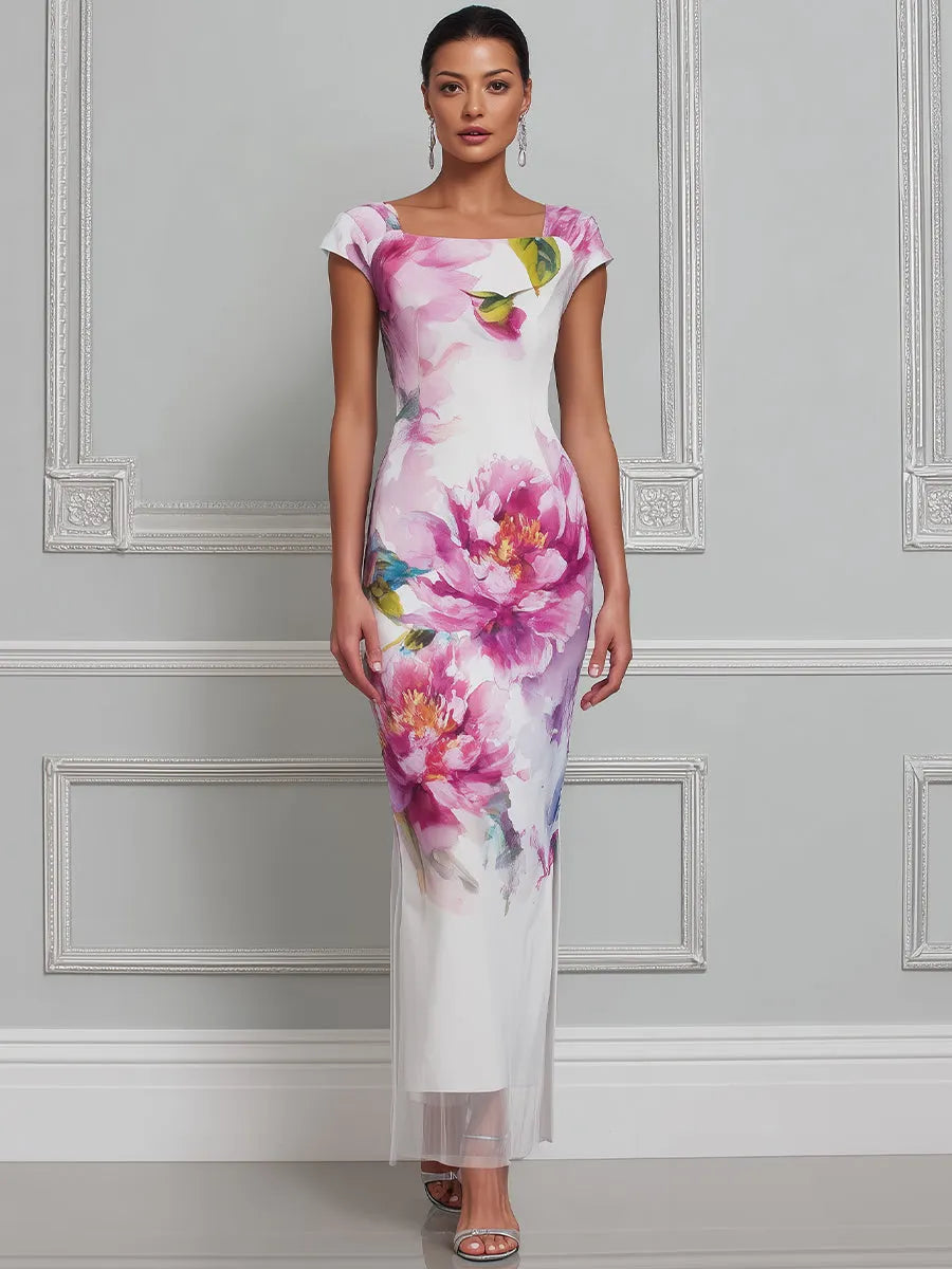 Elegant Floral Sheer Hem Maxi Dress