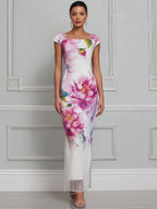 Elegant Floral Sheer Hem Maxi Dress