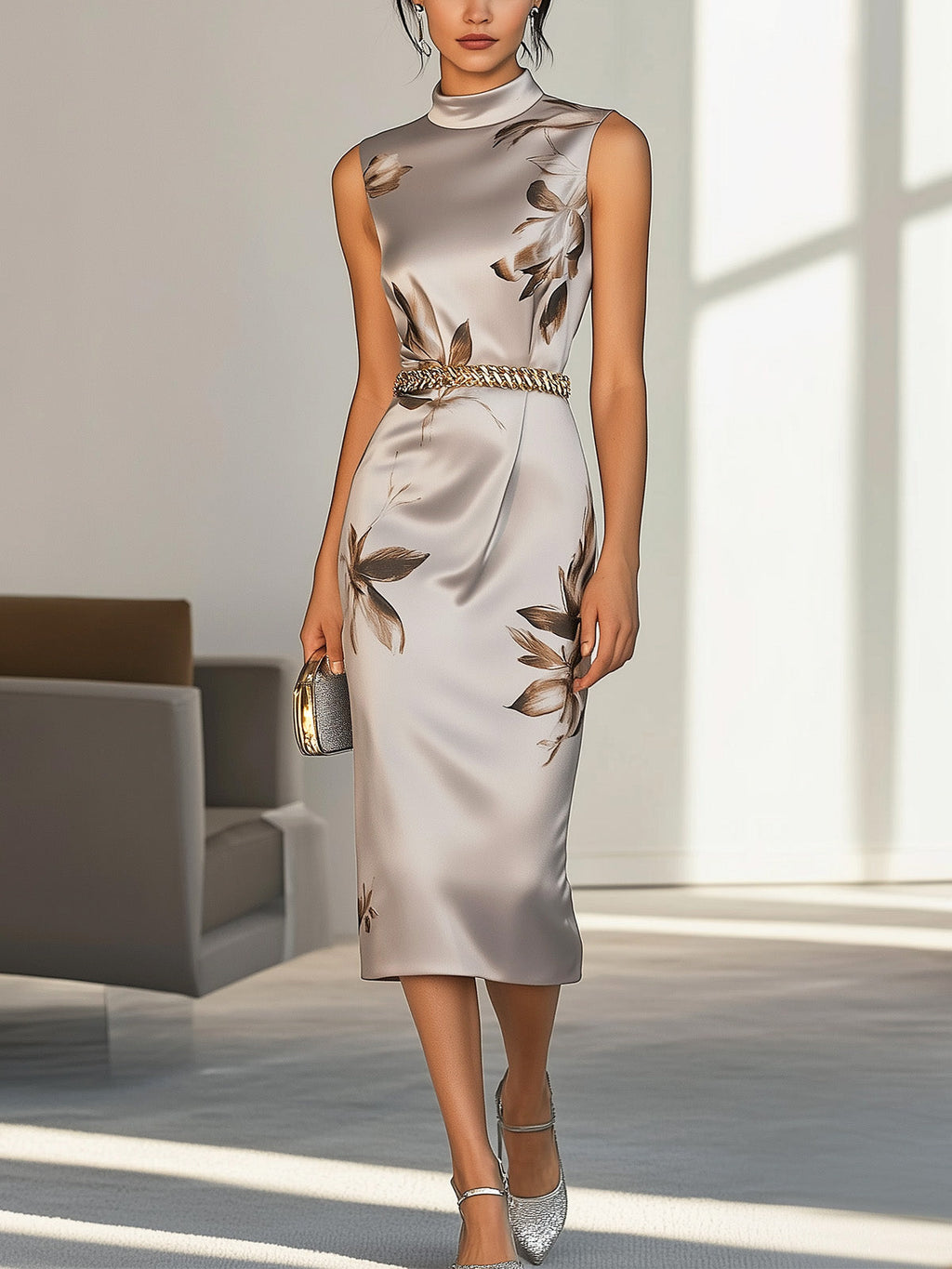 Stylish Grey Satin Dress with Floral Print and Waist Chain