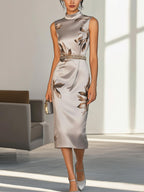 Stylish Grey Satin Dress with Floral Print and Waist Chain