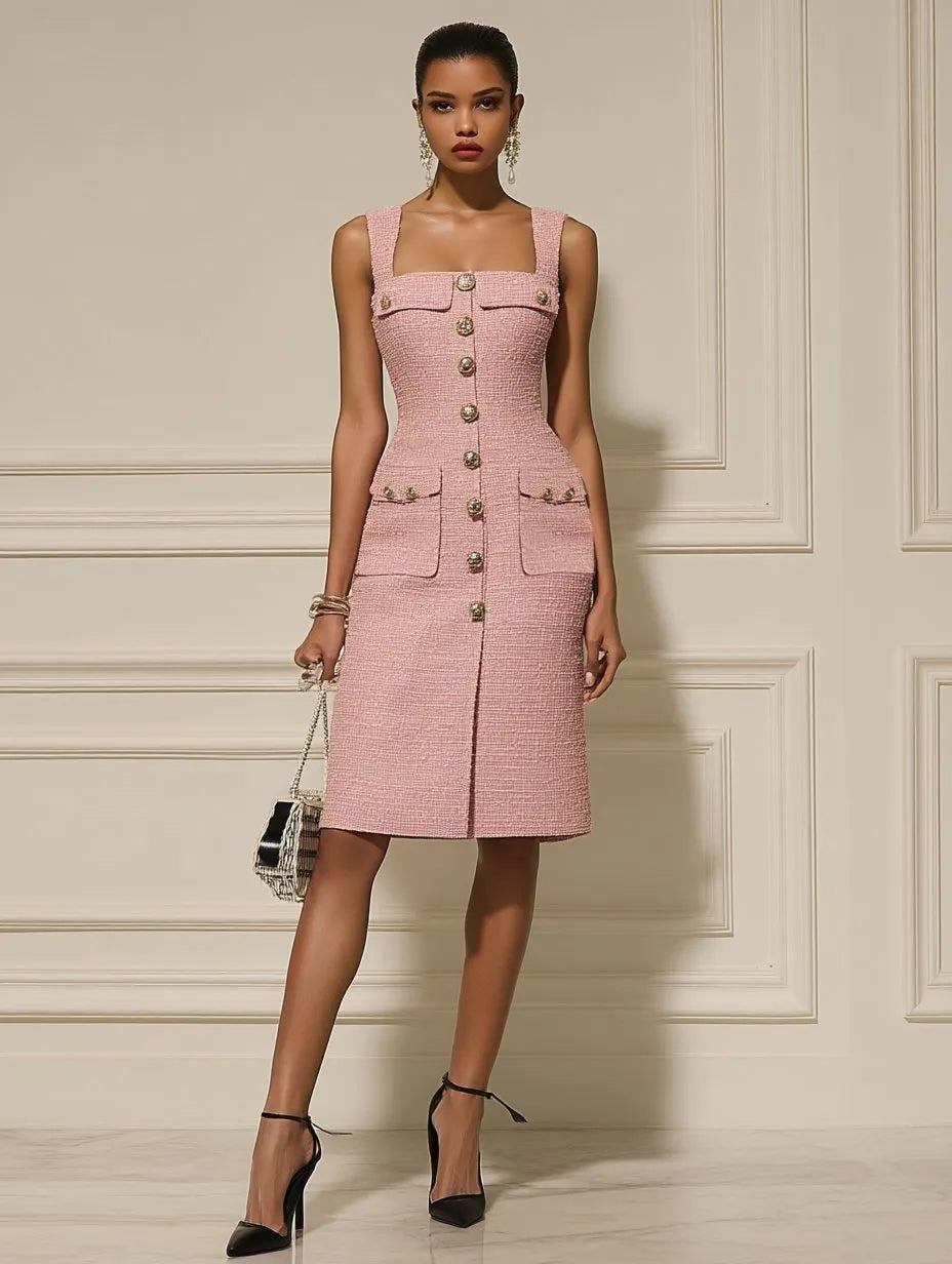 Pink Buckle Pocket Stitching Tweed Spaghetti Sleeveless Sheath Midi Dress