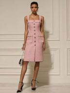 Pink Buckle Pocket Stitching Tweed Spaghetti Sleeveless Sheath Midi Dress