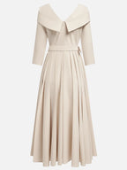 Off White Pleated Ruched Three Quarter Sleeve A-Line Maxi Dress