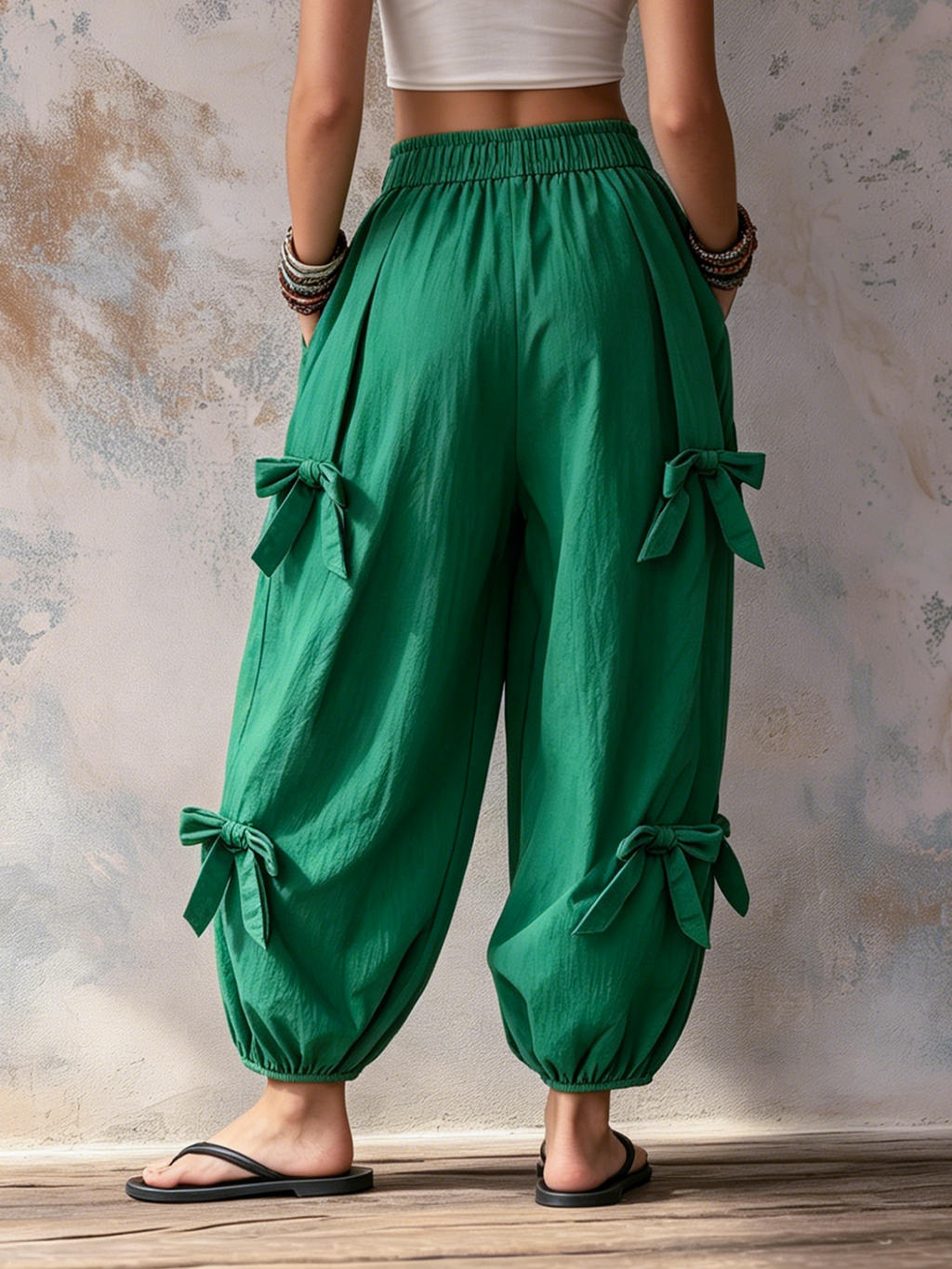 Emerald Green Bow-Detail Harem Pants - Casual Balloon Trousers