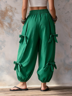 Emerald Green Bow-Detail Harem Pants - Casual Balloon Trousers