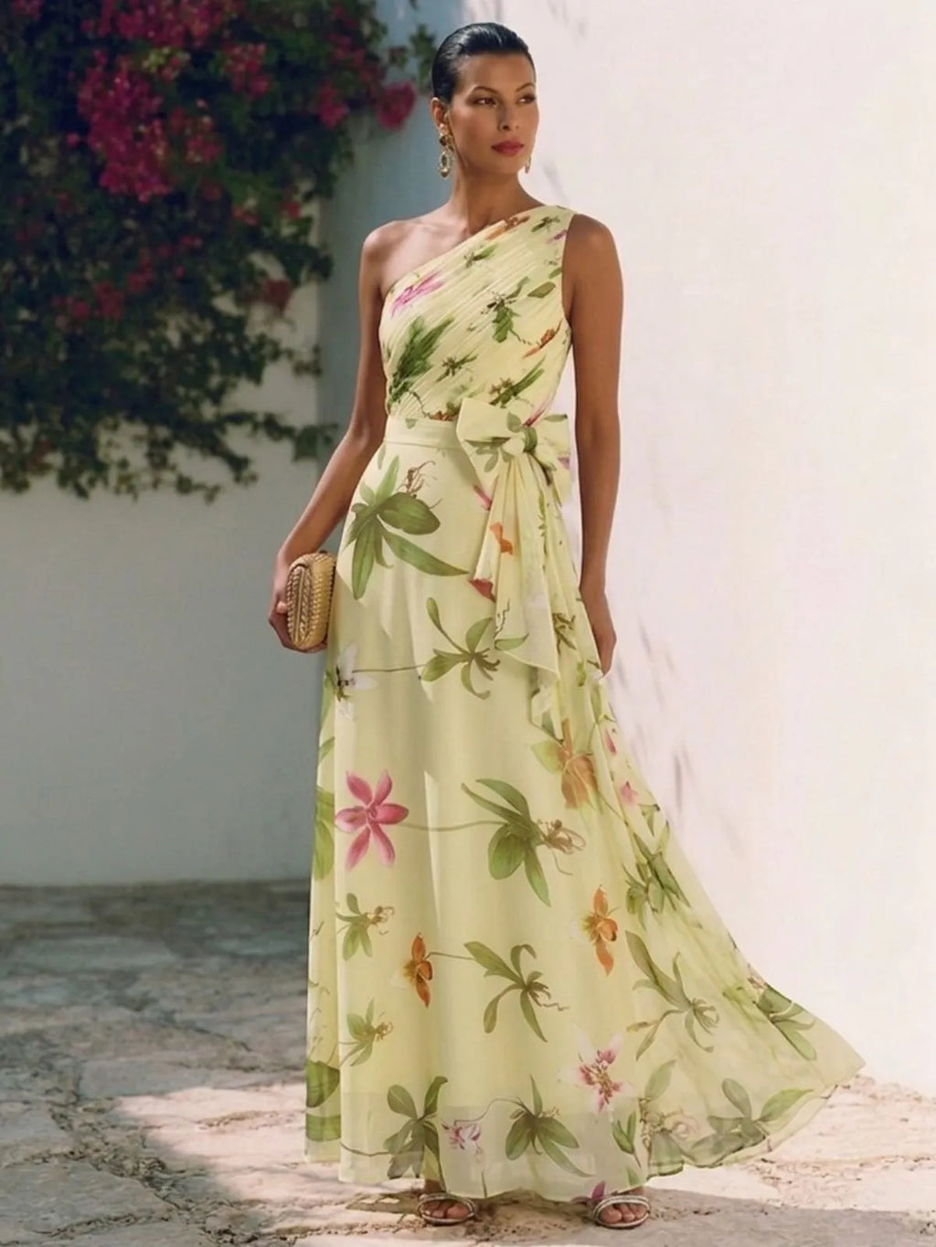 Yellow Floral Bow Chiffon One Shoulder Sleeveless A-Line Maxi Dress