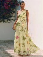 Yellow Floral Bow Chiffon One Shoulder Sleeveless A-Line Maxi Dress