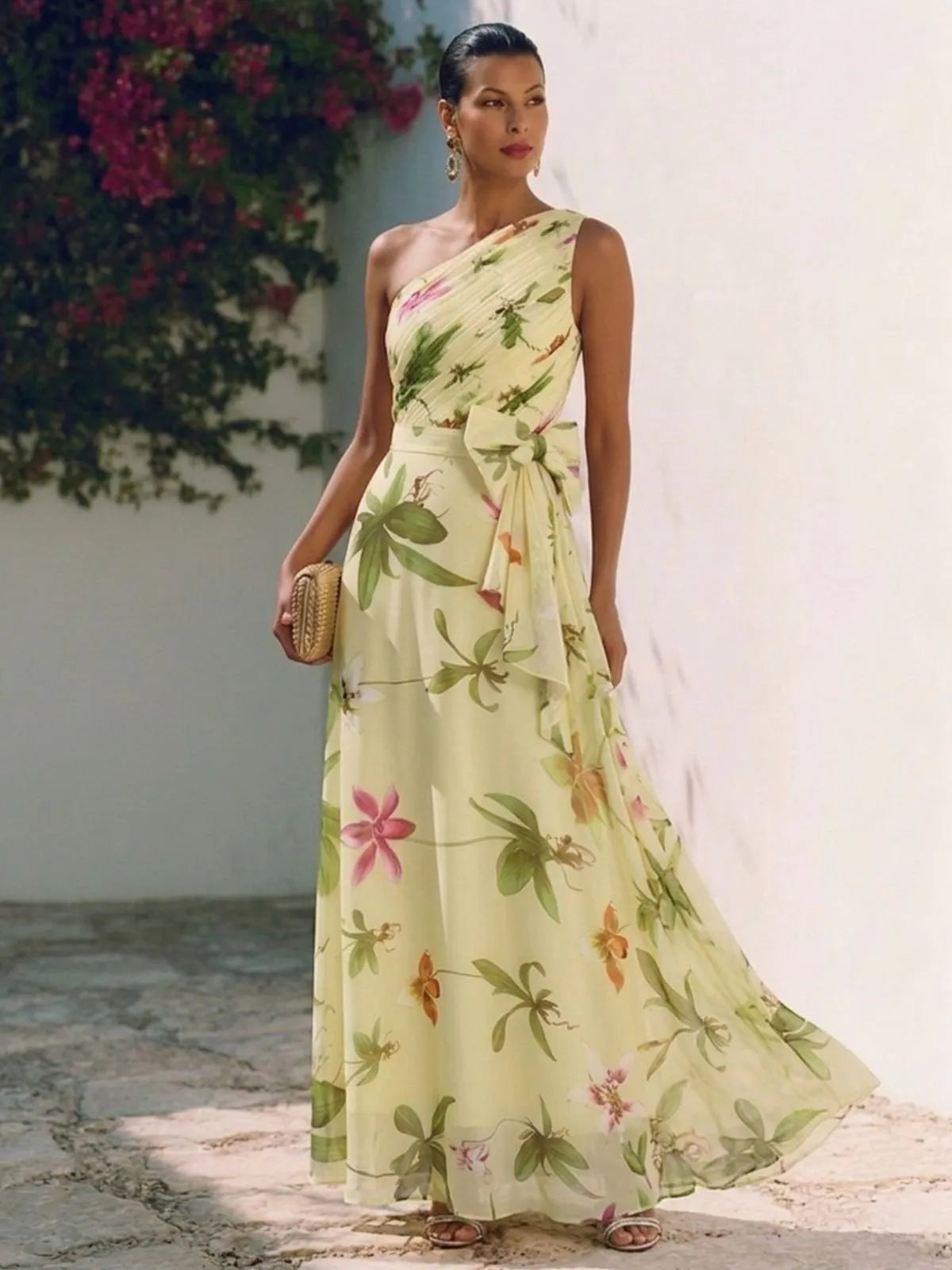 Yellow Floral Bow Chiffon One Shoulder Sleeveless A-Line Maxi Dress