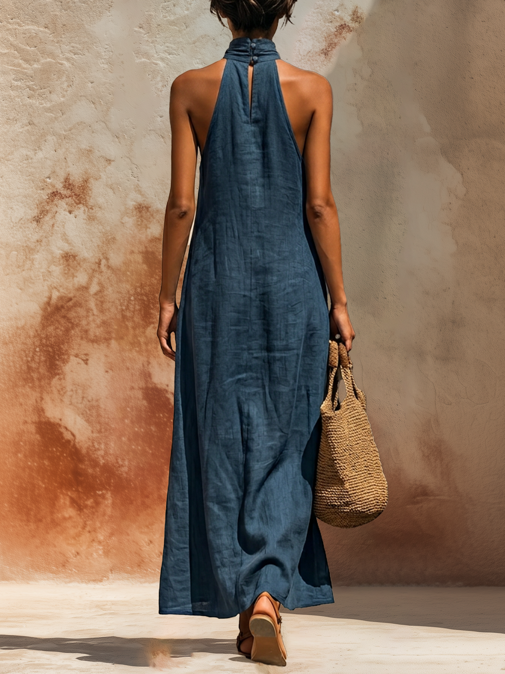 Blue Linen Halter Neck Keyhole Maxi Dress With Slit