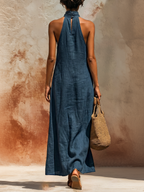 Blue Linen Halter Neck Keyhole Maxi Dress With Slit