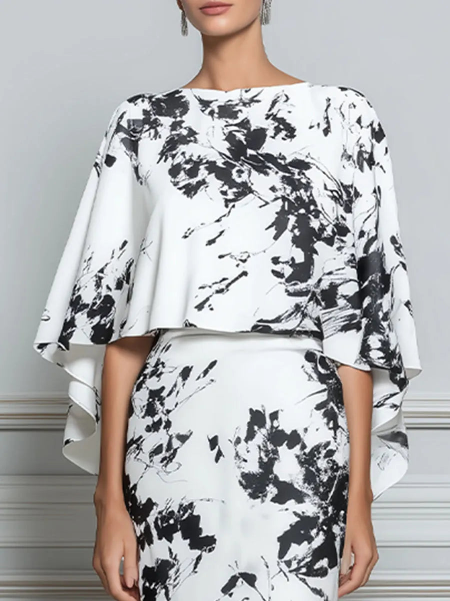 Abstract Print Sheath Dress With Detachable Capelet