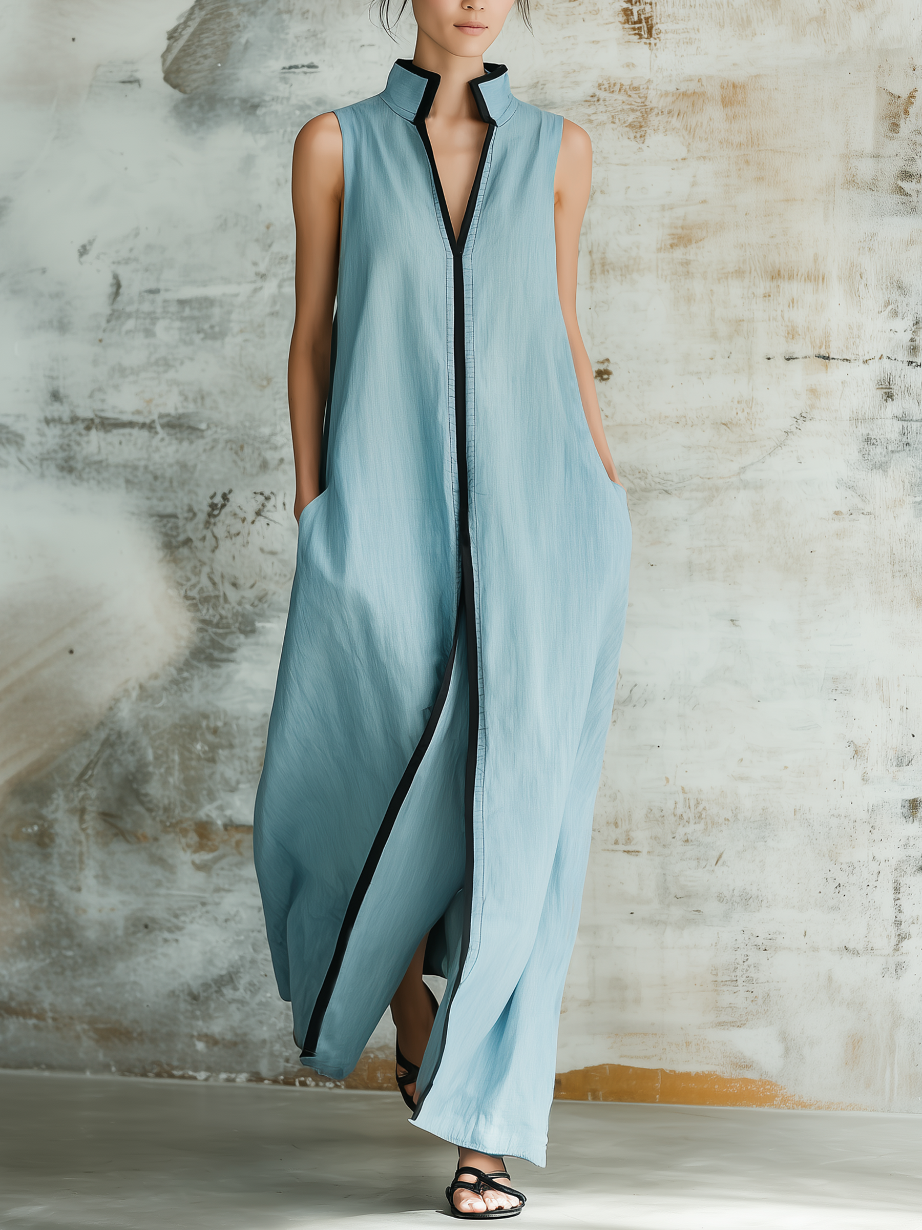Dusty Blue Linen Blend Sleeveless Maxi Dress