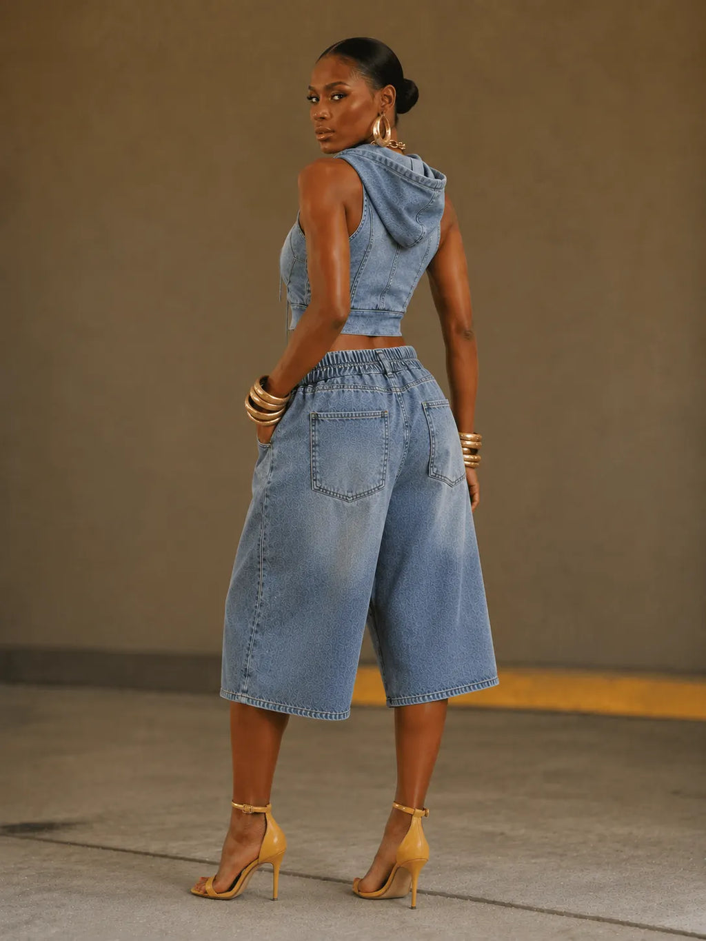 Hooded Sleeveless Denim Crop Top & Bermuda Short Set