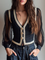 Retro Black Lace Trim Sheer Sleeve Crop Vest Top