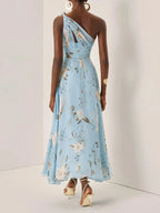 Light Blue Floral Ruched Chiffon One Shoulder Sleeveless A-Line Maxi Dress