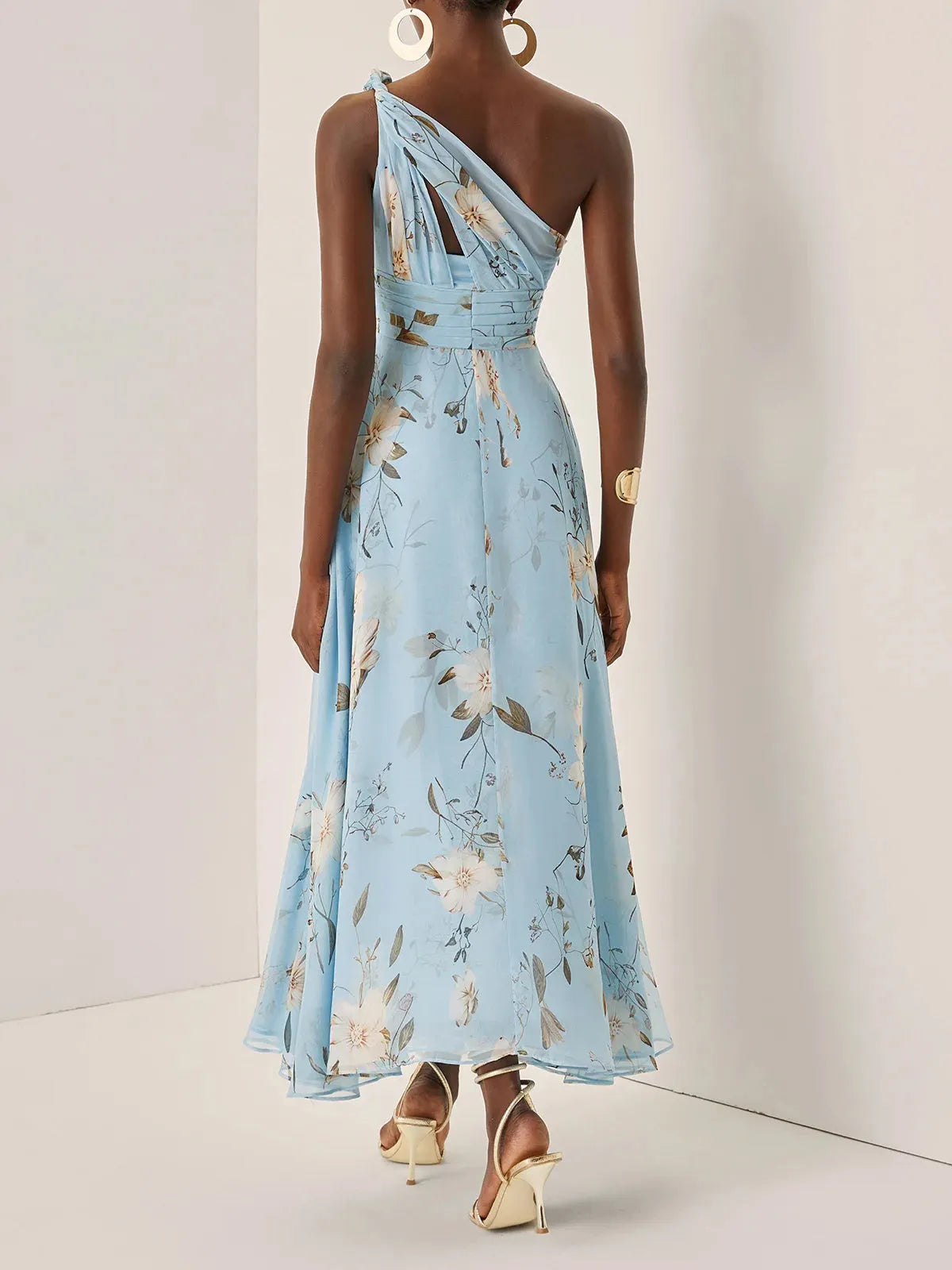Light Blue Floral Ruched Chiffon One Shoulder Sleeveless A-Line Maxi Dress