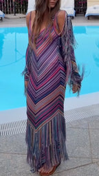 Rainbow Chevron Fringe Knit Maxi Dress with Matching Fringe Cover-Up