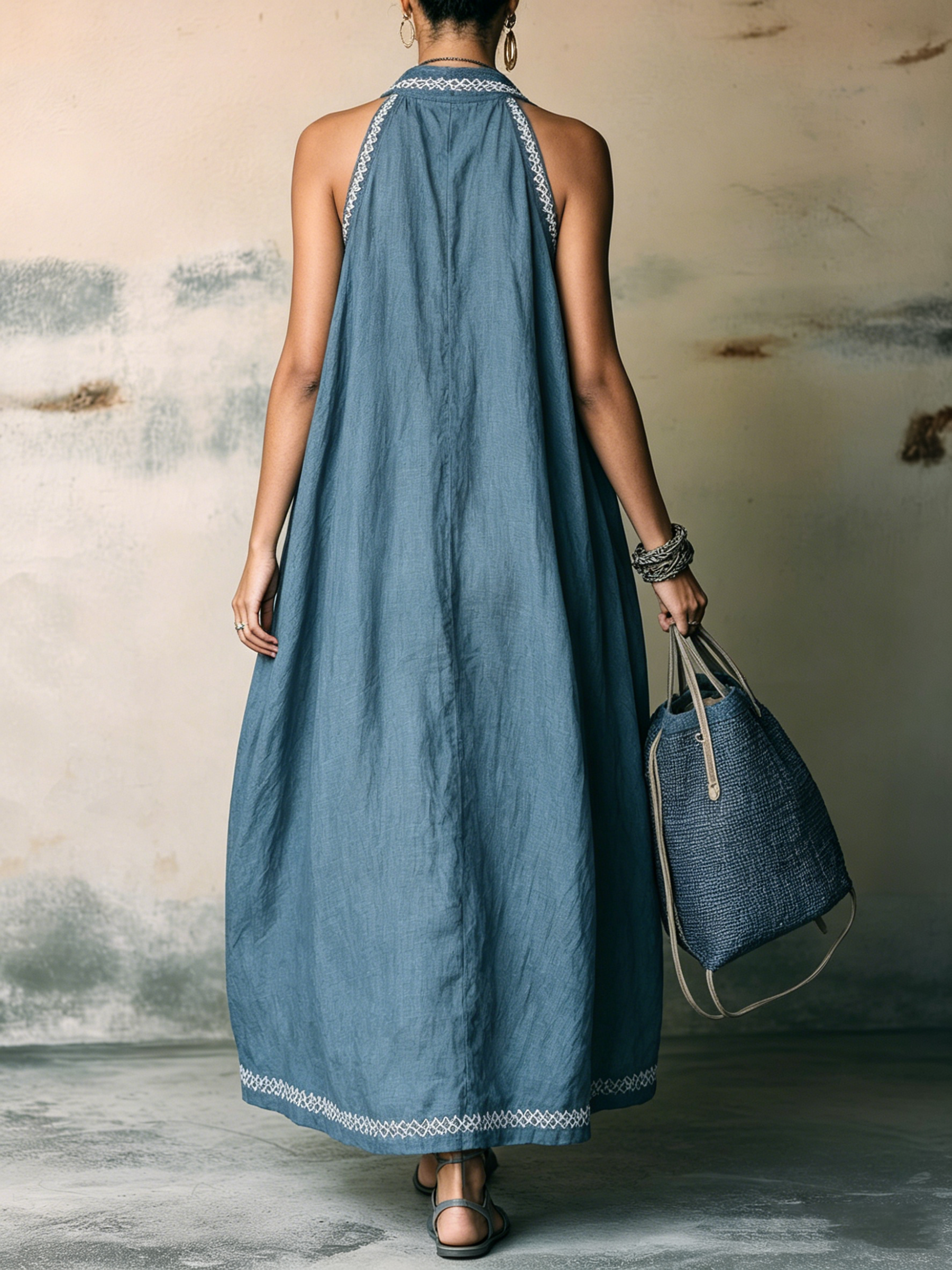Blue Linen Halter Maxi Dress With Embroidered Detail