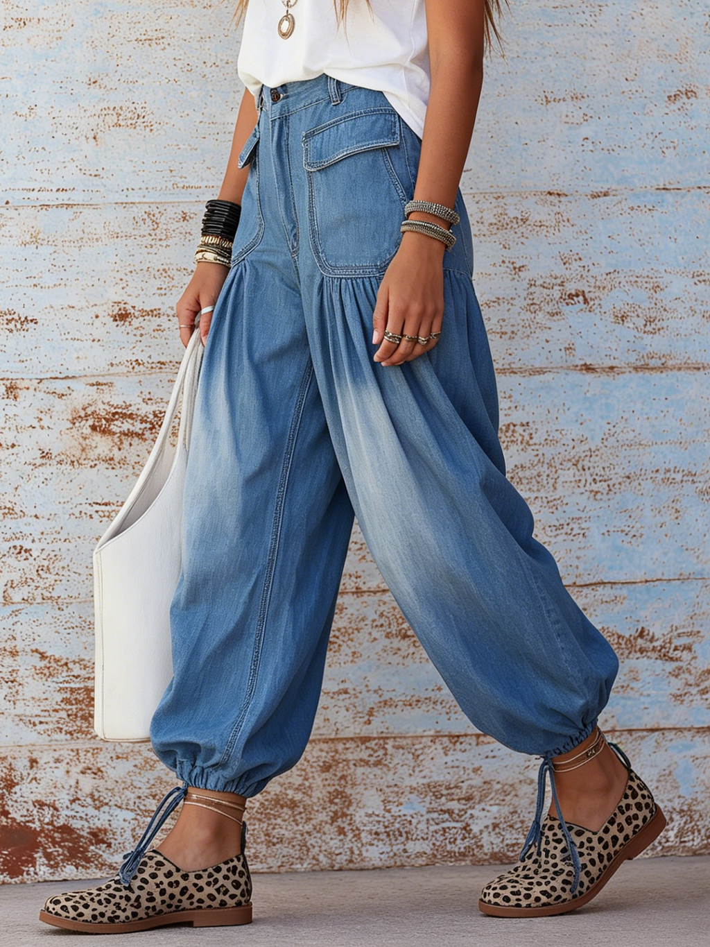 High-Waisted Gradient Denim Harem Pants With Drawstring Cuffs