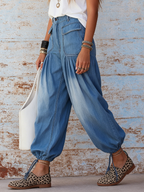 High-Waisted Gradient Denim Harem Pants With Drawstring Cuffs