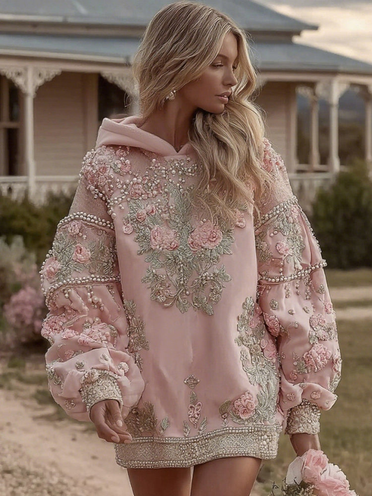 Women's Vintage Floral Embroidered Art Comfort Hooded Mini Dress