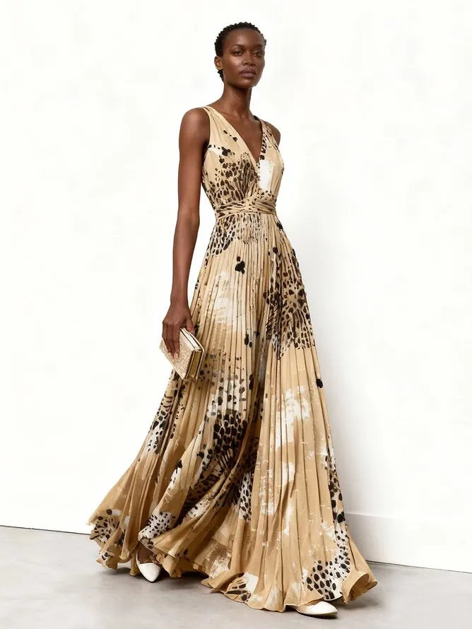 Apricot Pleated Floral Chiffon V Neck Sleeveless A-Line Maxi Dress
