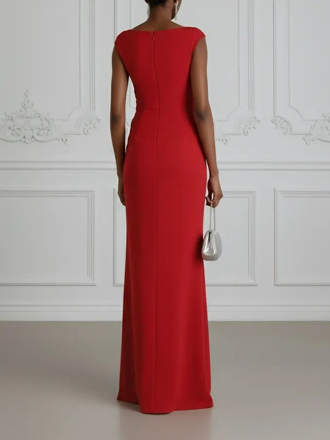 Red Applique Side-Slit Knit Boat Neck Cap Sleeve Bodycon Maxi Dress