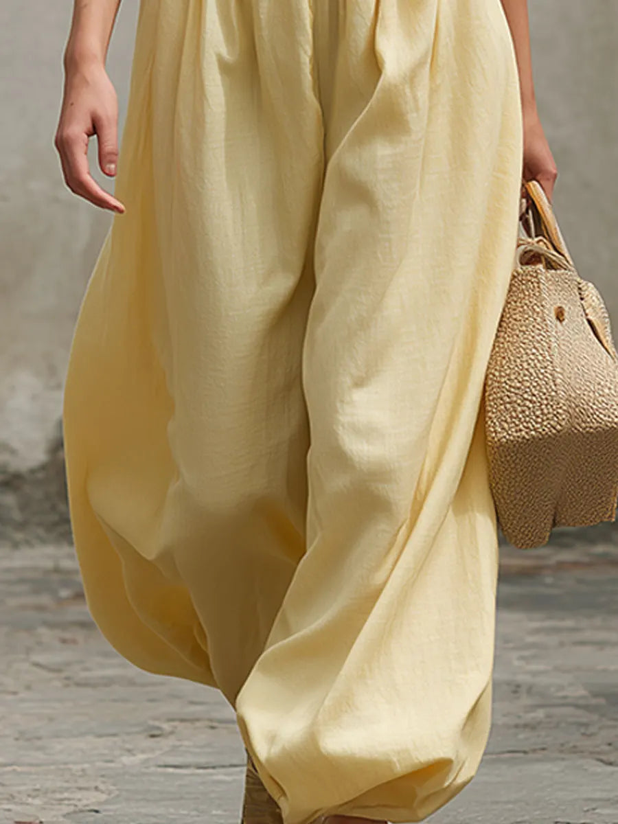Casual Retro Yellow Sleeveless Ruffled Cotton-linen Top And Wide-leg Pants Set