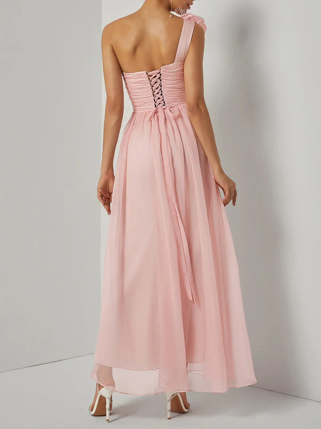 Pink Chiffon Removable 3D Floral Ruched Slit One Shoulder Sleeveless Sheath Gown Dress
