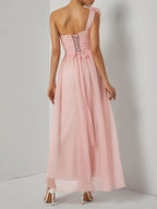 Pink Chiffon Removable 3D Floral Ruched Slit One Shoulder Sleeveless Sheath Gown Dress