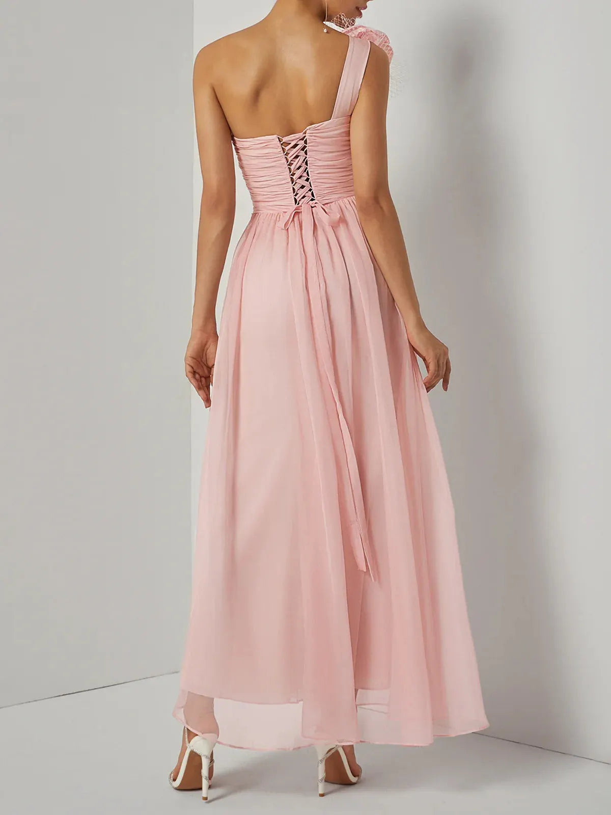 Pink Chiffon Removable 3D Floral Ruched Slit One Shoulder Sleeveless Sheath Gown Dress