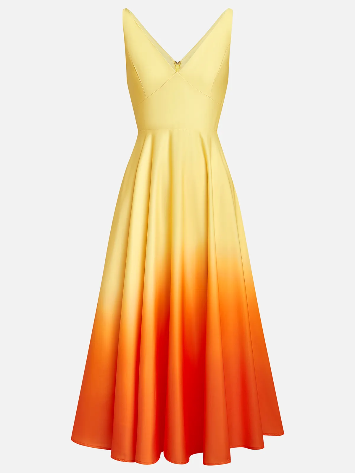 Yellow Orange Ombre Classic V Neck Sleeveless A-Line Midi Dress