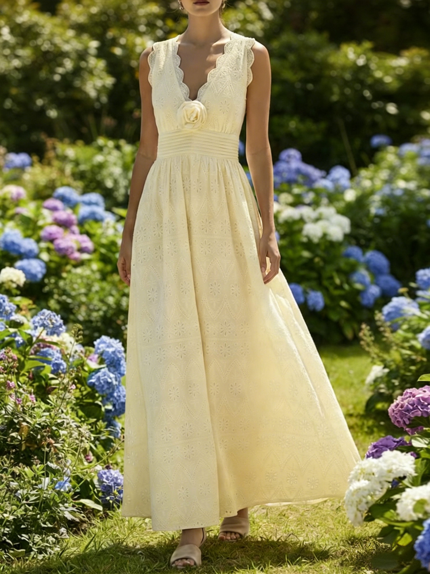 Maxi Cotton Dress, Sleeveless, V Neck, Plain, Lace, Vintage, White
