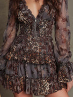 Boho Ruffled Zip-Front Leopard Mixed-Print Mini Dress
