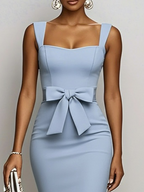 Light Blue Bow Lace Classic Sweetheart Neckline Sleeveless Mermaid Maxi Dress
