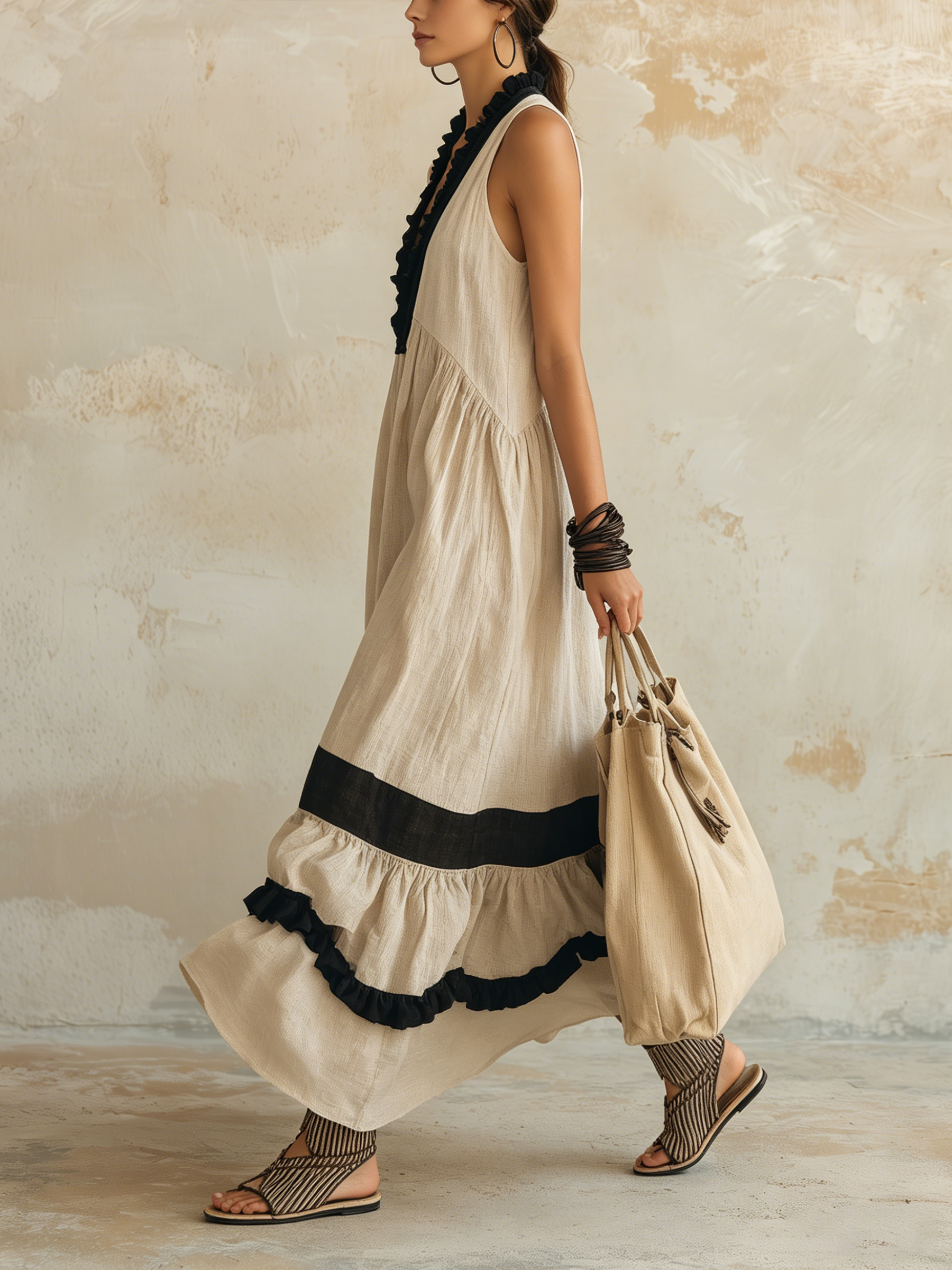 Contrast Ruffle Halter Tiered Linen Maxi Dress