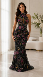 Floral Beaded Halter Mermaid Formal Dress