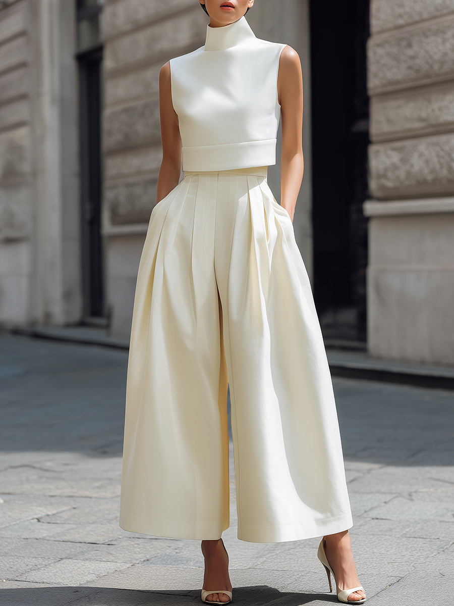 High-Neck Cropped Top And Pleated Wide-Leg Pants Set
