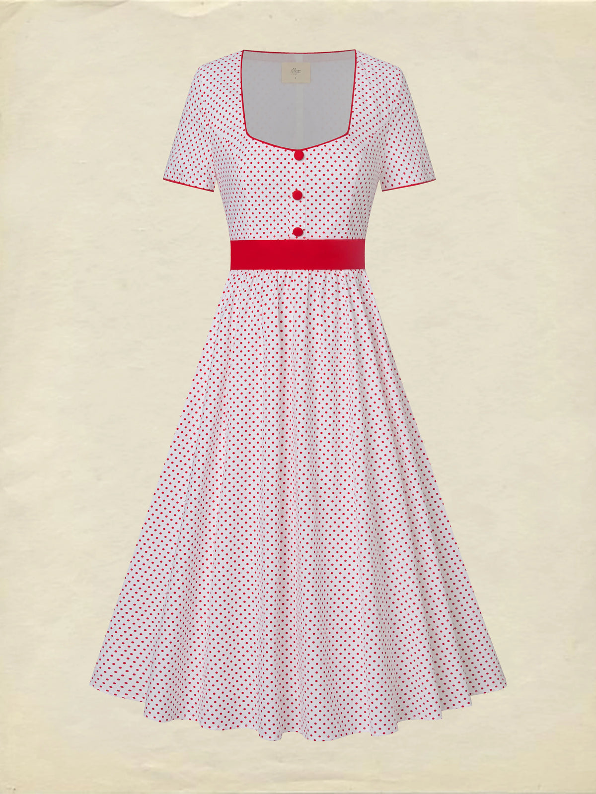 Cotton Maxi Dress, Short Sleeve, Square neck, Polka Dots, Vintage, White，Pure cotton