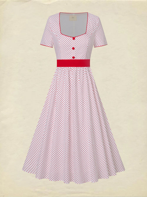Cotton Maxi Dress, Short Sleeve, Square neck, Polka Dots, Vintage, White，Pure cotton