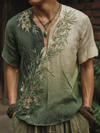 Men's Bamboo Embroidery Gradient V-neck Short Sleeve Linen Blend Shirt