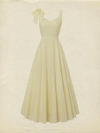 Maxi Linen Dress, Sleeveless, Square Neck, Plain, Bow, French Vintage, Light Yellow