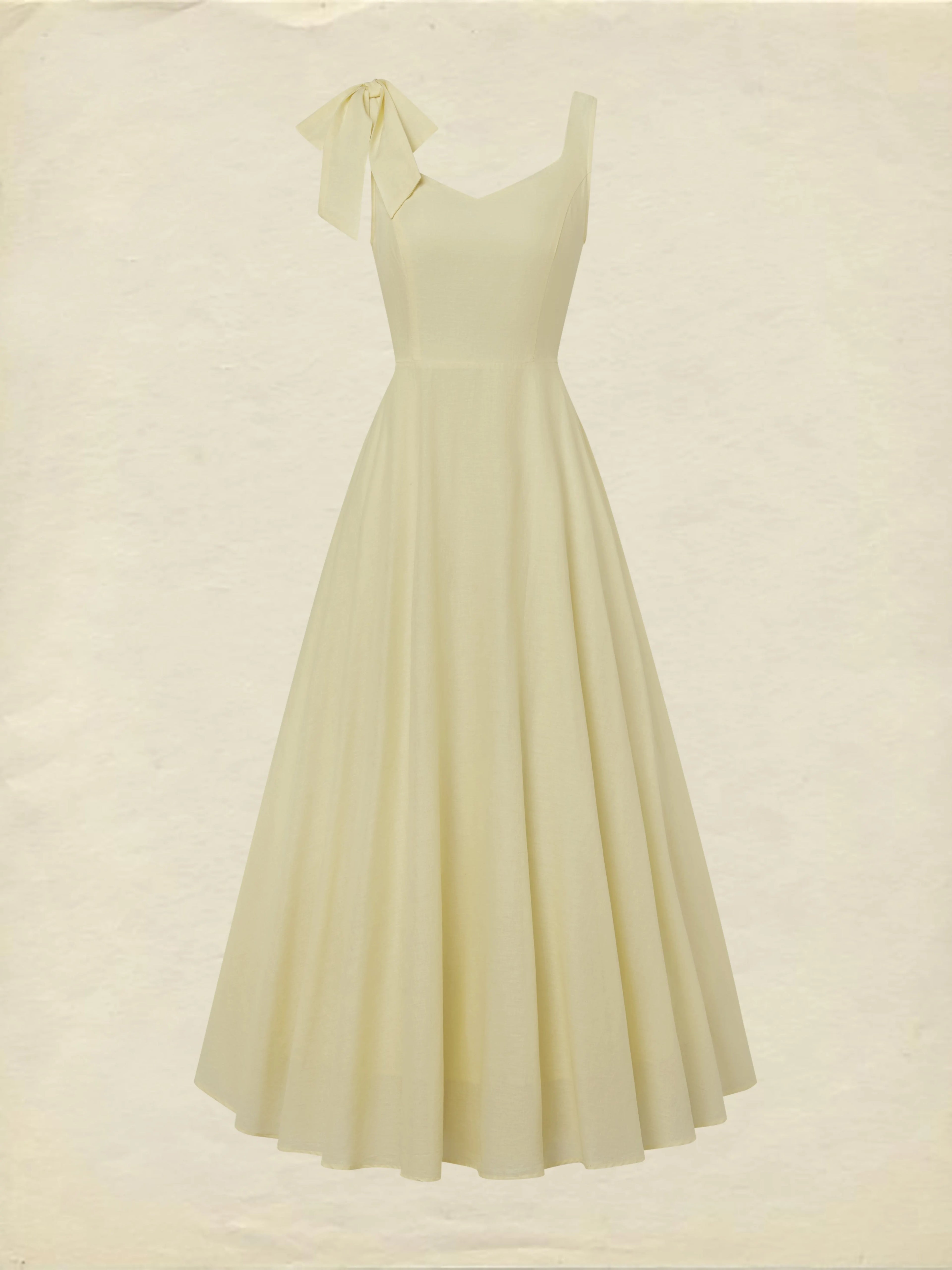 Maxi Linen Dress, Sleeveless, Square Neck, Plain, Bow, French Vintage, Light Yellow