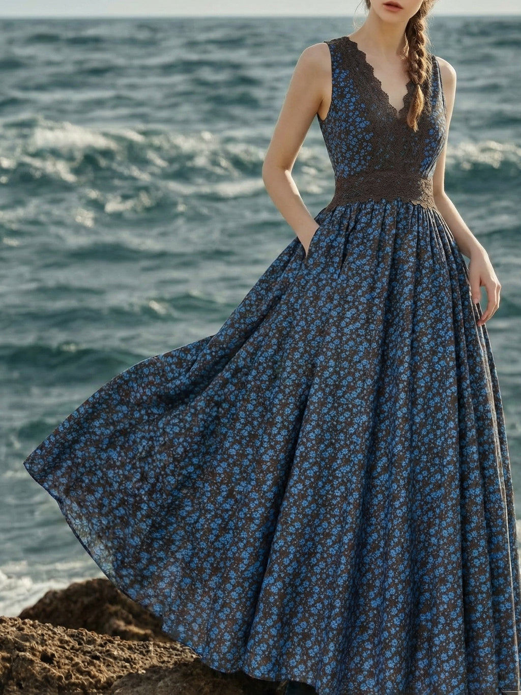 Maxi Cotton Dress, Sleeveless, V Neck, Floral, Lace, Vintage, Blue