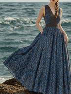 Maxi Cotton Dress, Sleeveless, V Neck, Floral, Lace, Vintage, Blue