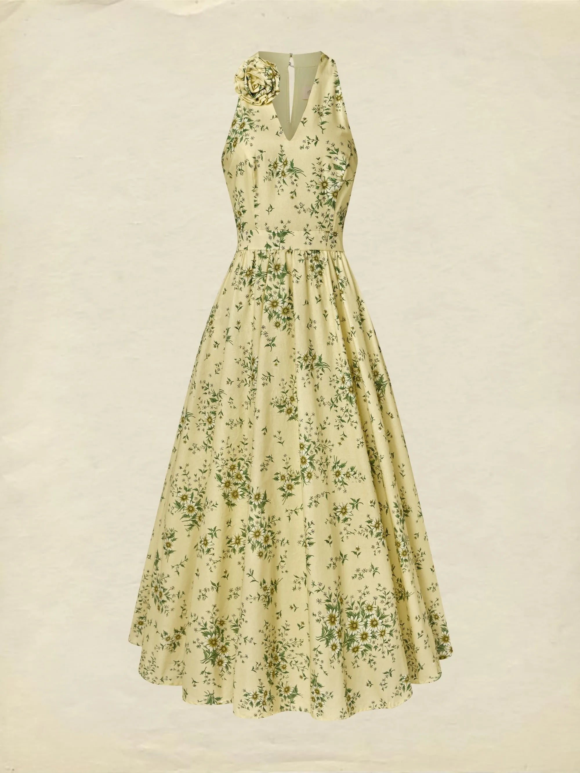 Maxi Cotton Dress, Sleeveless, V Neck, Floral, 3D Floral (Detachable), Vacation, Vintage, Yellow