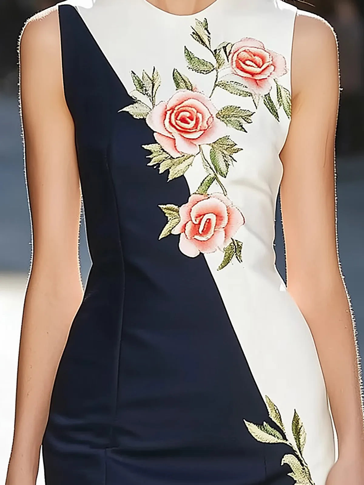 Modern Satin Dress With Color Block Design And Chest Embroidery