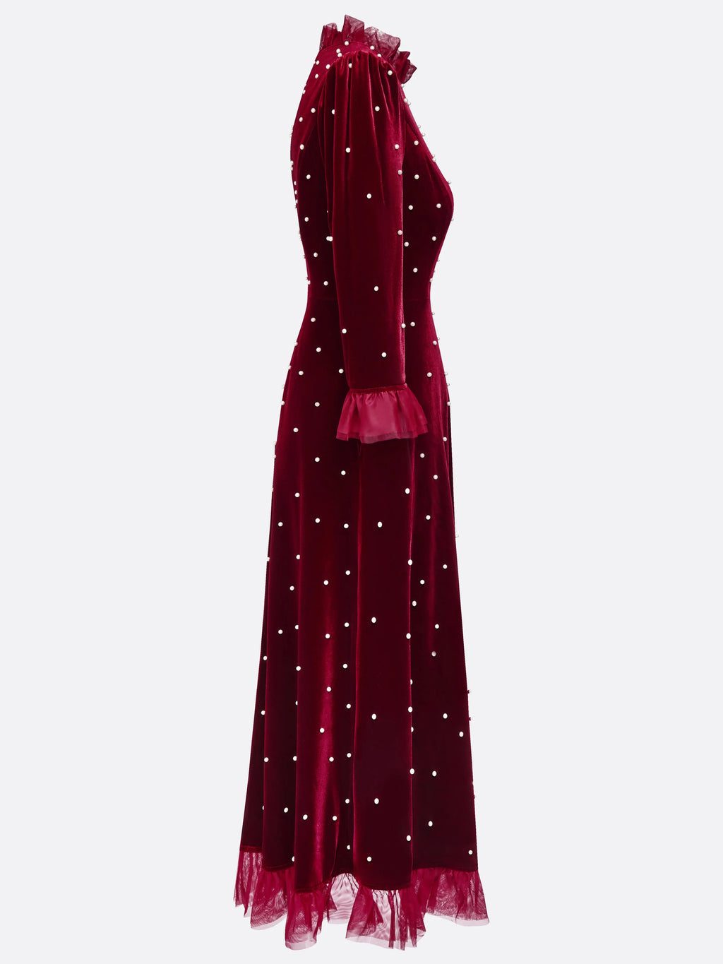 Burgundy Beaded Mock Neck Three Quarter Sleeve A-Line Maxi Velvet Dress